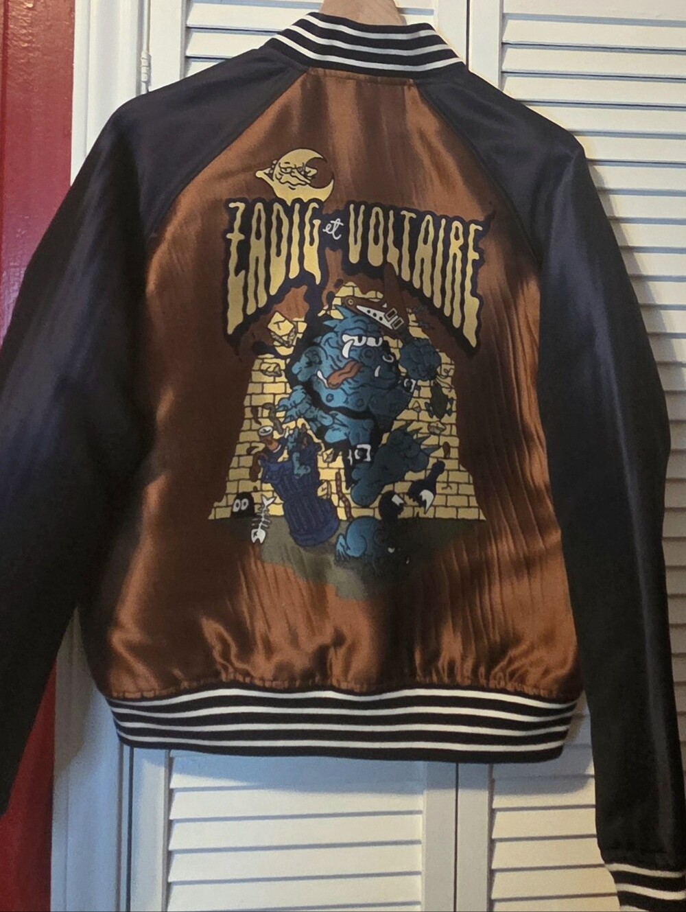 Zadig & Voltaire Satin Bomber Jacket in Brown and Black with Graphic Back -Sz SM - Picture 13 of 13